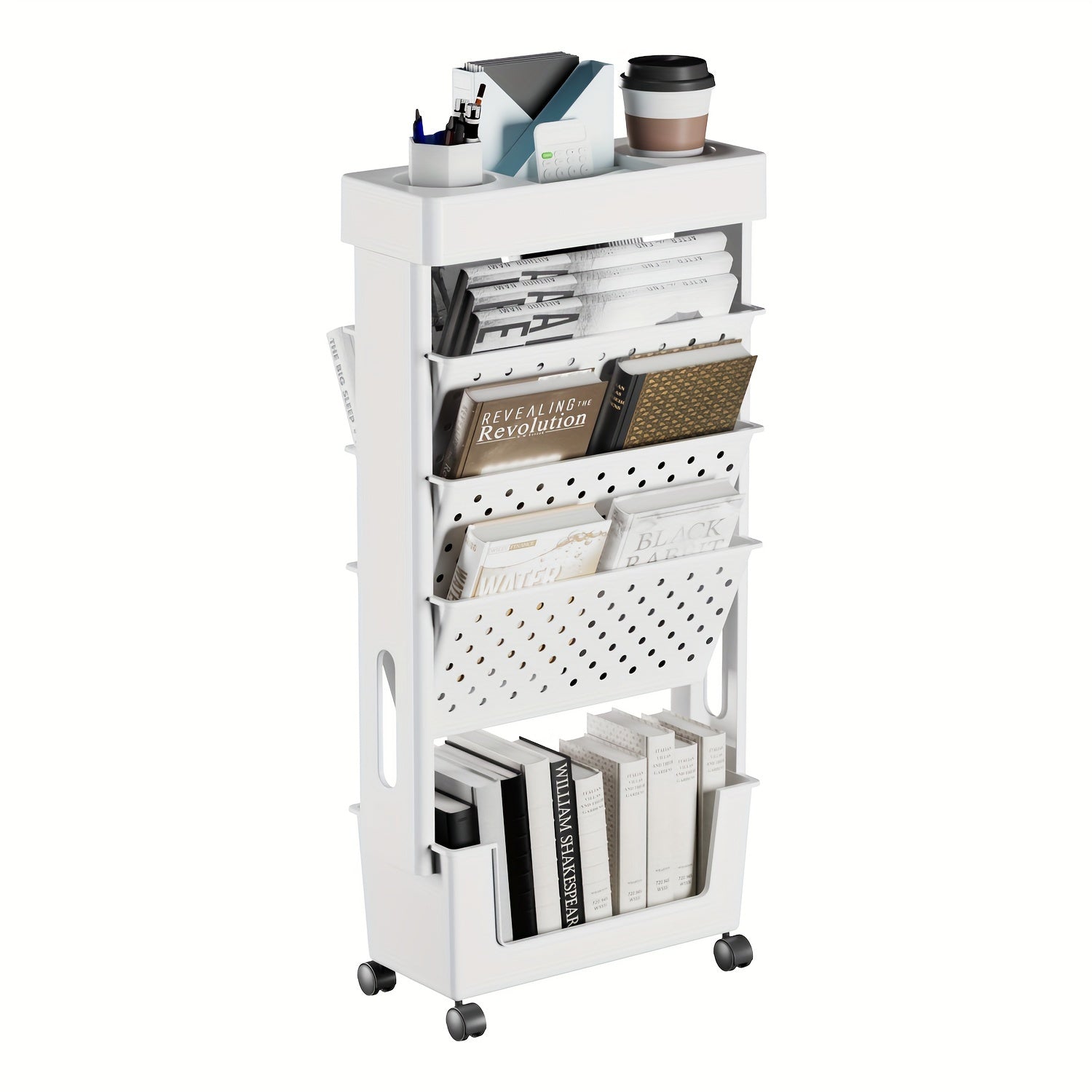 5-Tier Removable Book Storage Rack - Wheels, Magazine & Newspaper Storage - Suitable For School, Classroom, Office, Study, Bedroom, Living Room