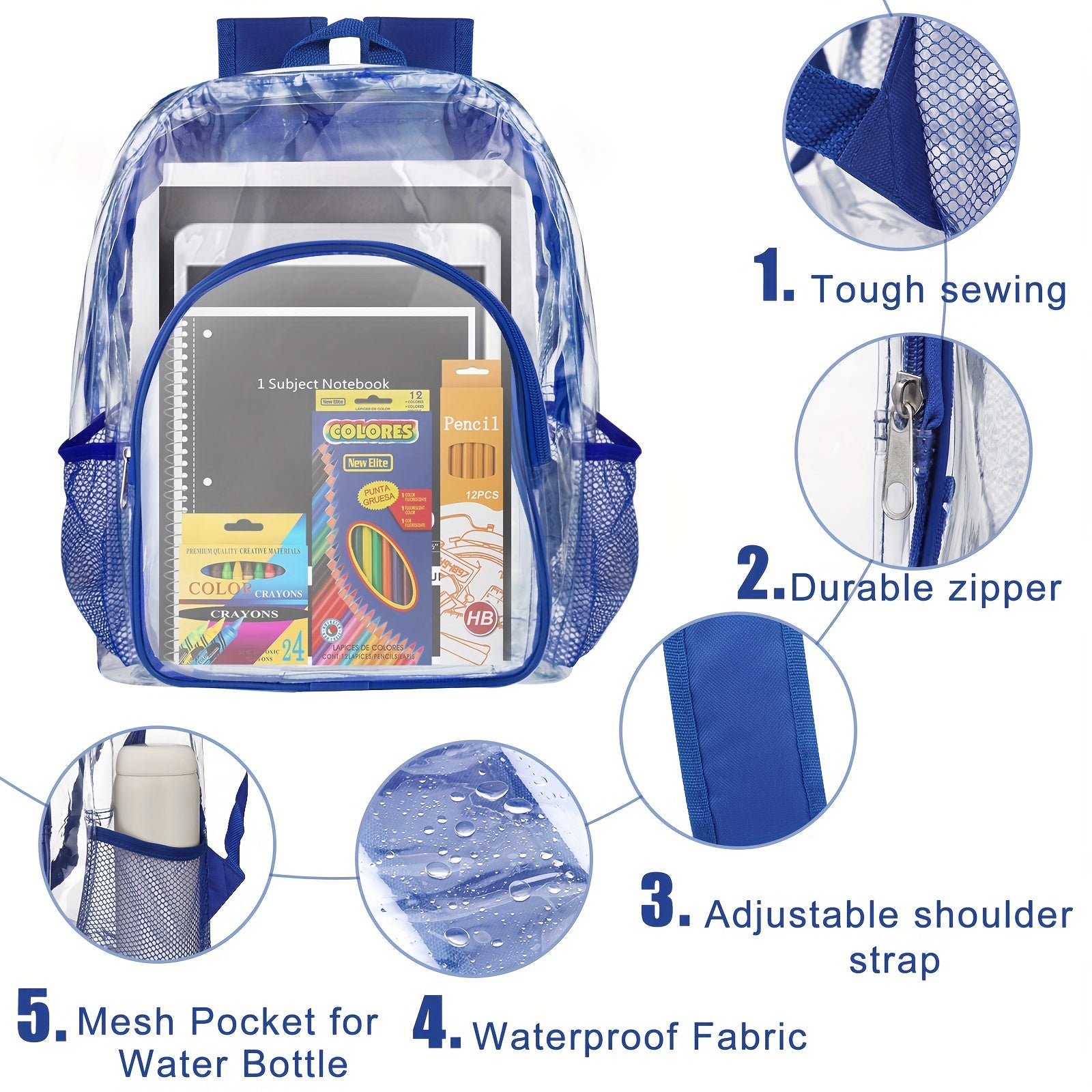 Back To School Supplies For Kids, Clear Backpack With 65 Piece School Supply Kit For Grades K-5 Boys And Girls, Bulk School Stationery Set For Classroom Elementary, Middle School Students (blue)