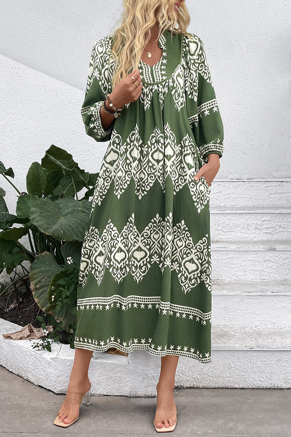 Green Abstract Geometric Print Long Sleeve Vacation Dress