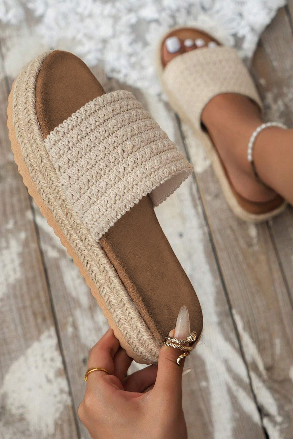 White Boho Single Band Slippers