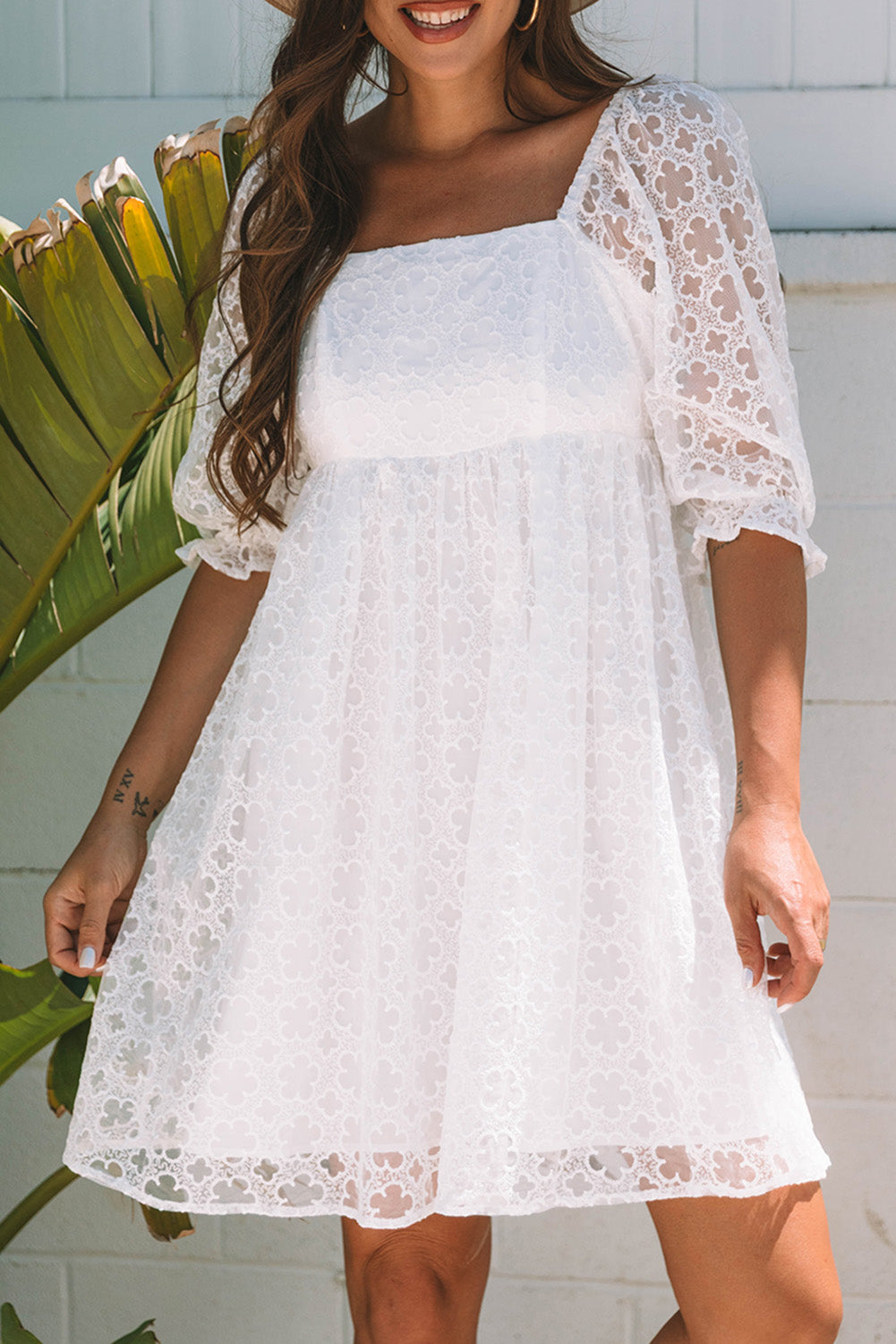 White Floral Lace Puff Sleeve Empire Waist Mini Dress
