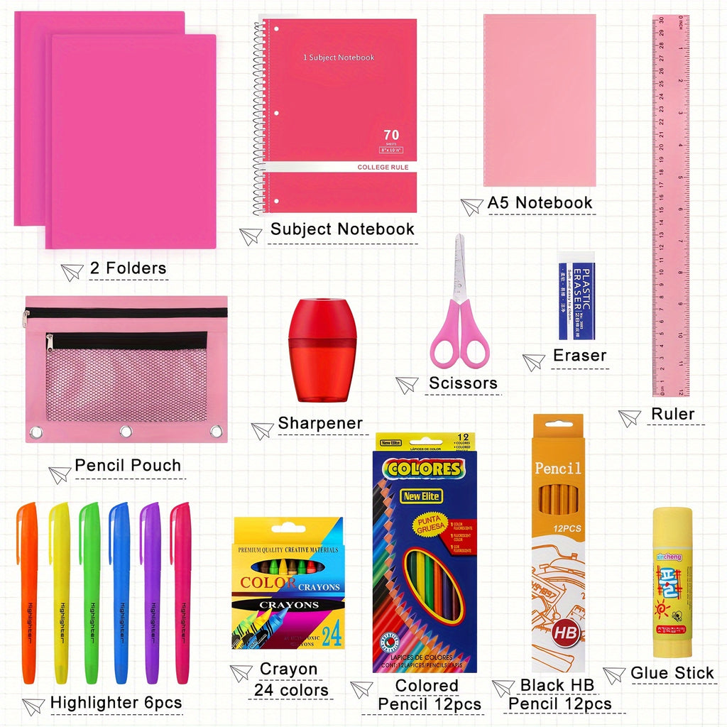 Back To School Supplies For Kids, Clear Backpack With 65 Piece School Supply Kit For Grades K-5 Boys And Girls, Bulk School Stationery Set For Classroom Elementary, Middle School Students (Pink)
