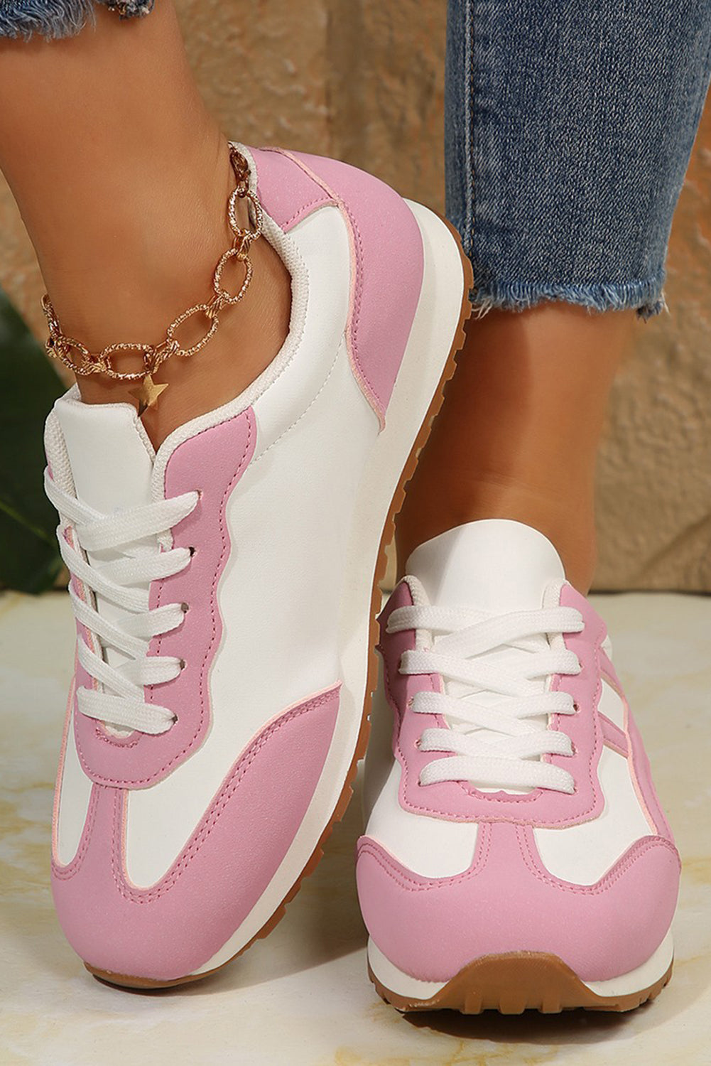 Pink Contrast Lace Up Round Toe Sneakers