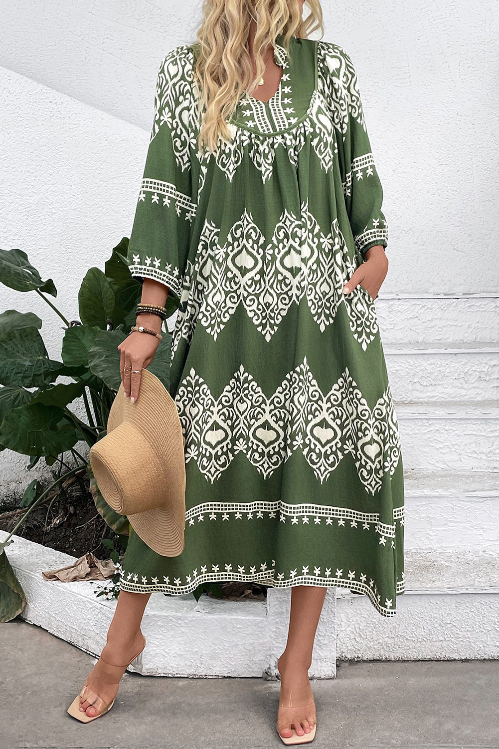 Green Abstract Geometric Print Long Sleeve Vacation Dress