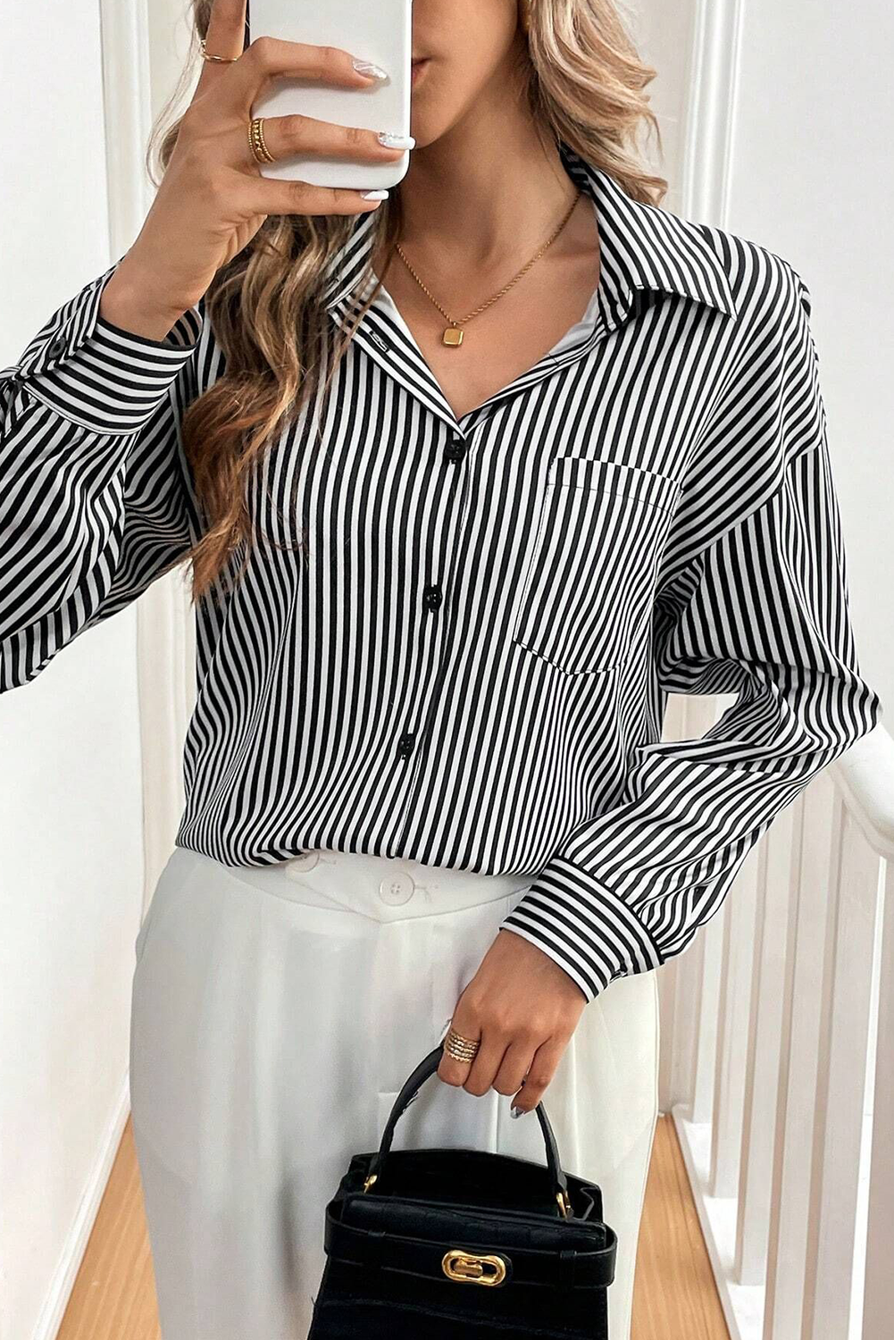 Black White Striped Button Down Bow Back Long Sleeve Shirt