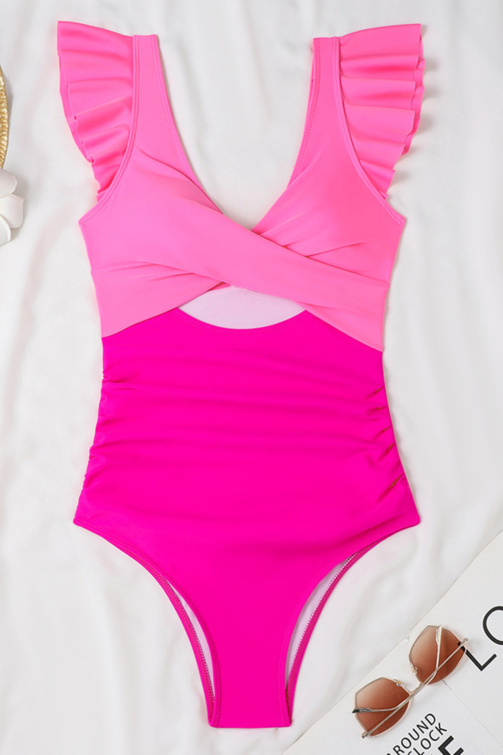 Rose Red Color Block Cut Out Criss Cross One Piece Swimsuit