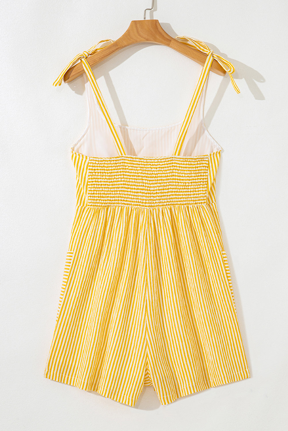 Yellow Stripe Tie Strap Smocked Back Wide Leg Romper