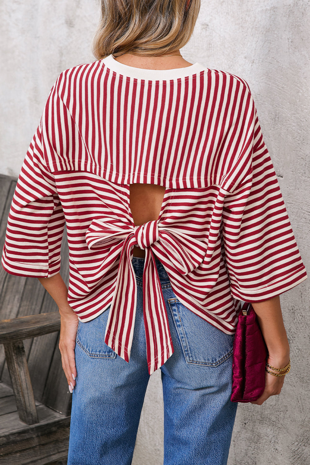 Red Striped Bowknot Backless T-Shirt