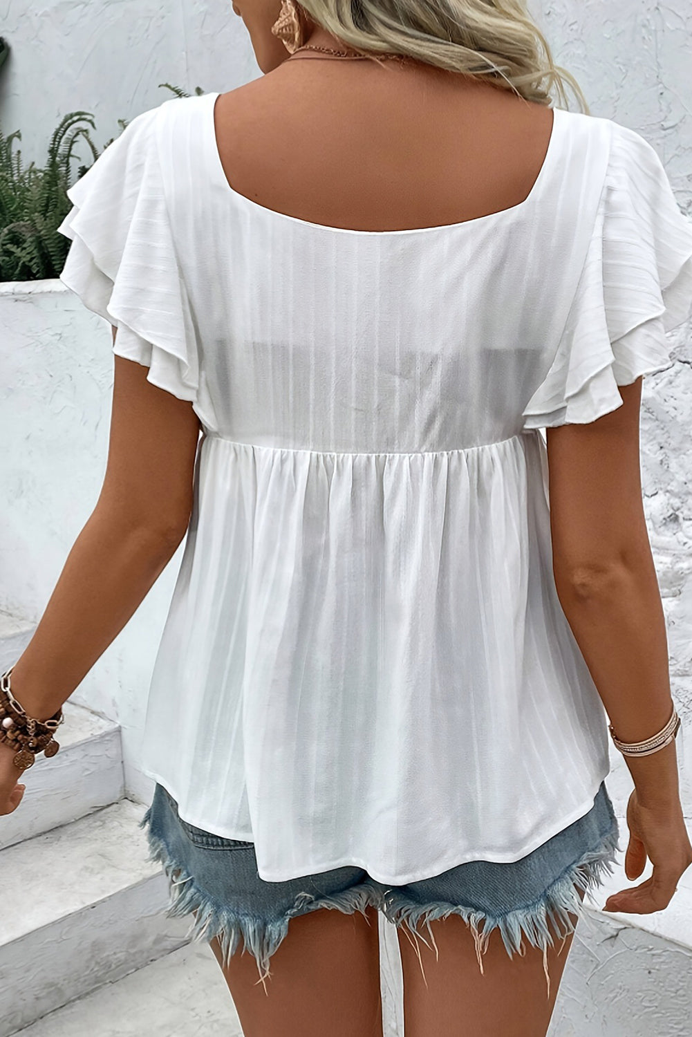 White Boho Embroidered Square Neck Pleated Ruffle Sleeve Blouse