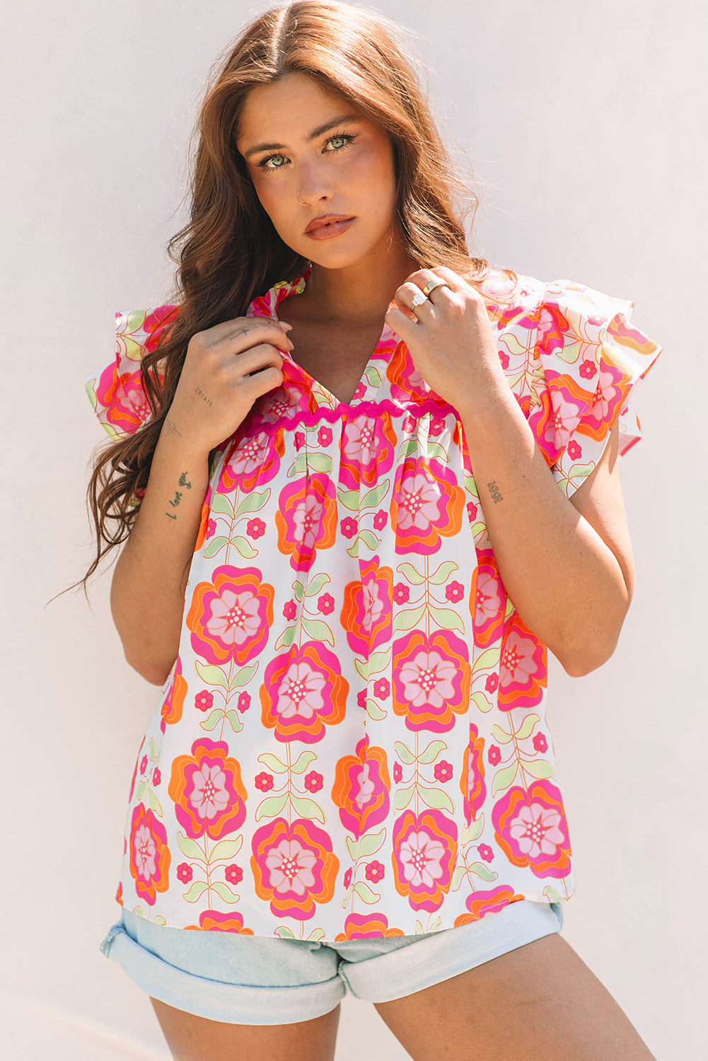 Rose Floral Ruffled Sleeve Ric-rac Trim Split Neck Loose Blouse