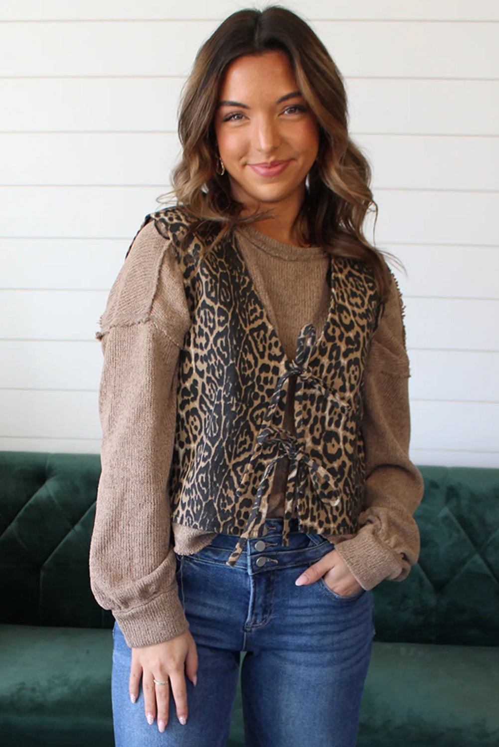 Dark Khaki Exposed Seam Pocket Pullover Knit Top