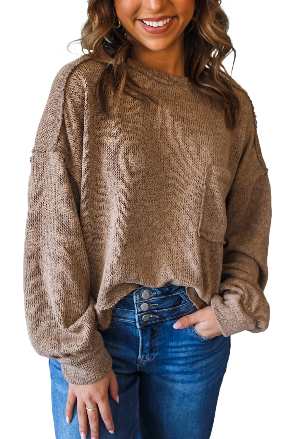 Dark Khaki Exposed Seam Pocket Pullover Knit Top