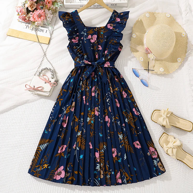 Tween Girls Summer Dress Square-Collar Sleeveless Pleated Dress Stylish Preteen Girls Dress Kids Dress