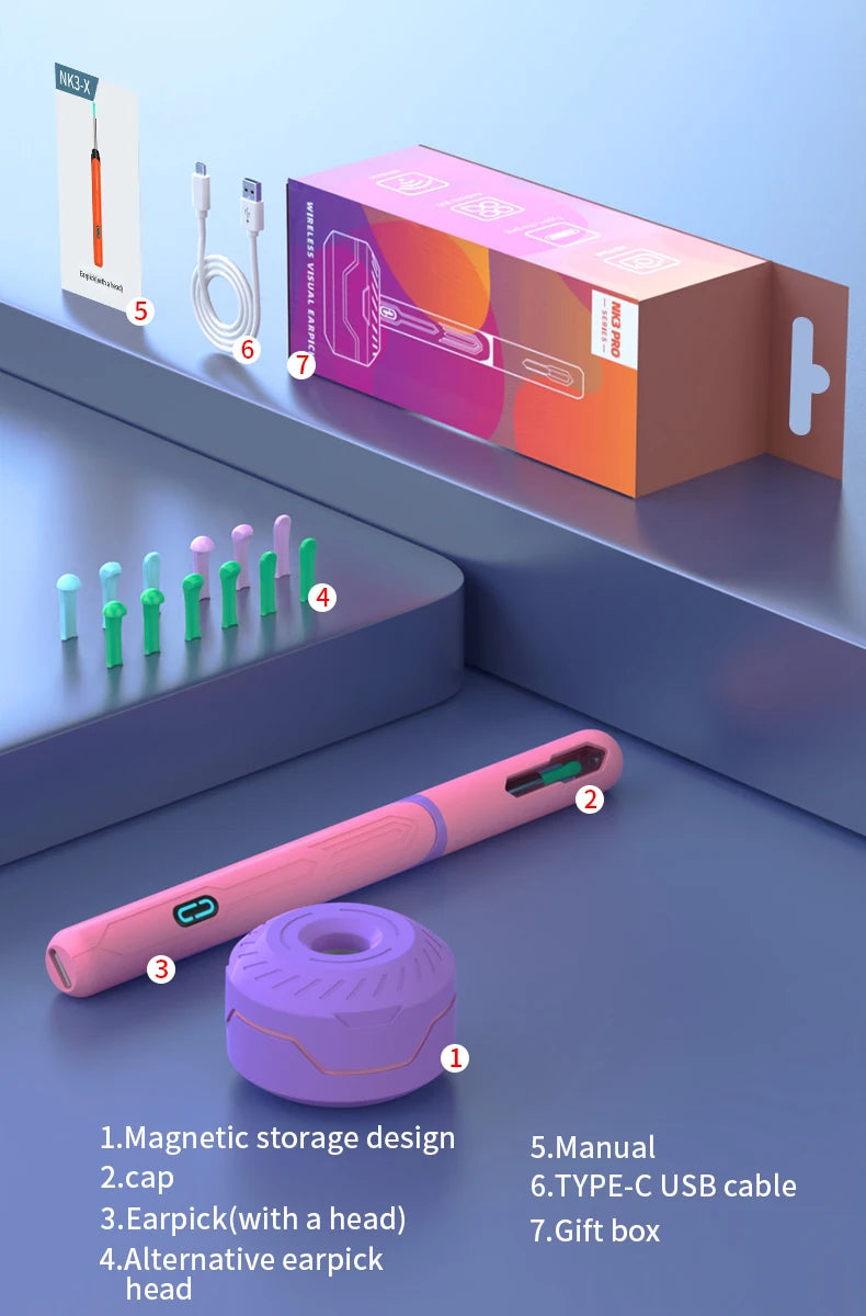 Ear Cleaner with Camera Set HD Ear Sticks Otoscope USB C Charging Endoscope Wax Removal Tool Earpick Ear Cleaning Set NK3 Pro