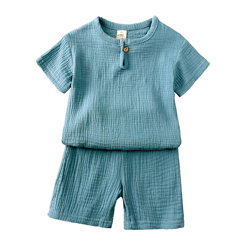 Summer Children's Clothing Set for 0-6Y Boys & Girls Cotton Linen Muslin Suit T-shirt Tops + Shorts 2pcs Baby Loungewear Outfit