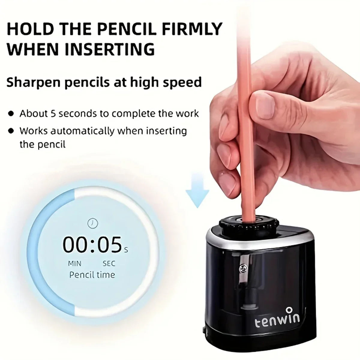 1PC Tenwin Electric Auto Pencil Sharpener Safe Student Helical Steel Blade Sharpener for Artists Kids Adults Colored Pencils