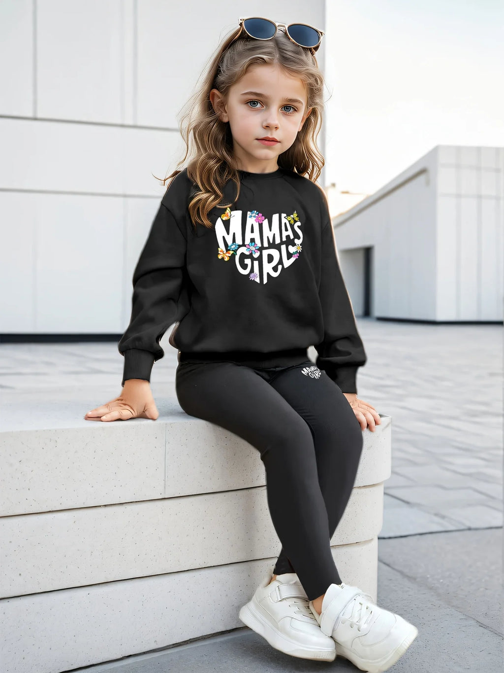 Children's Clothing Girls Suit“ Mama'Sgirl” Printed Long-Sleeved Sweatshirt + Tights 2-Piece Set for Home Comfort and Versatile Round Neck Top