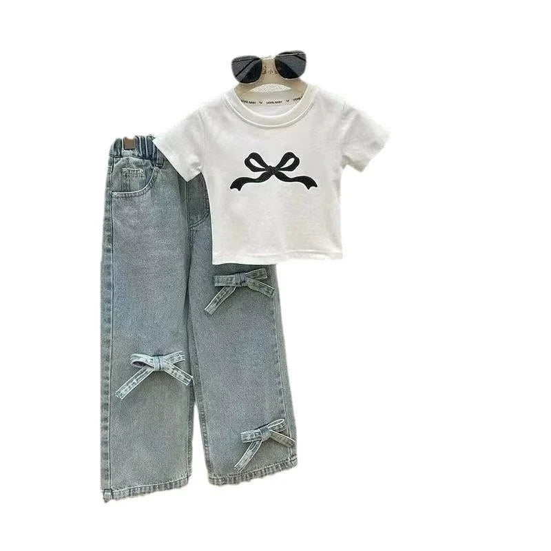 Children's Clothing Sets Girls Bow Top Suit Kids Short-Sleeved T-Shirt Jeans 2 Pieces Summer New Sweet Fashion Outfit 3-10 Years