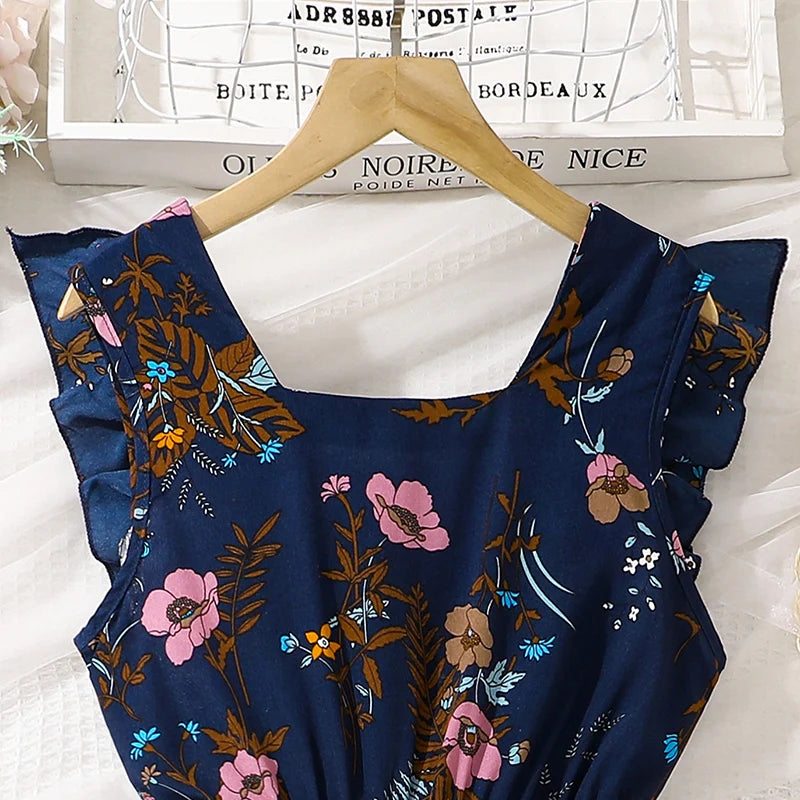 Tween Girls Summer Dress Square-Collar Sleeveless Pleated Dress Stylish Preteen Girls Dress Kids Dress