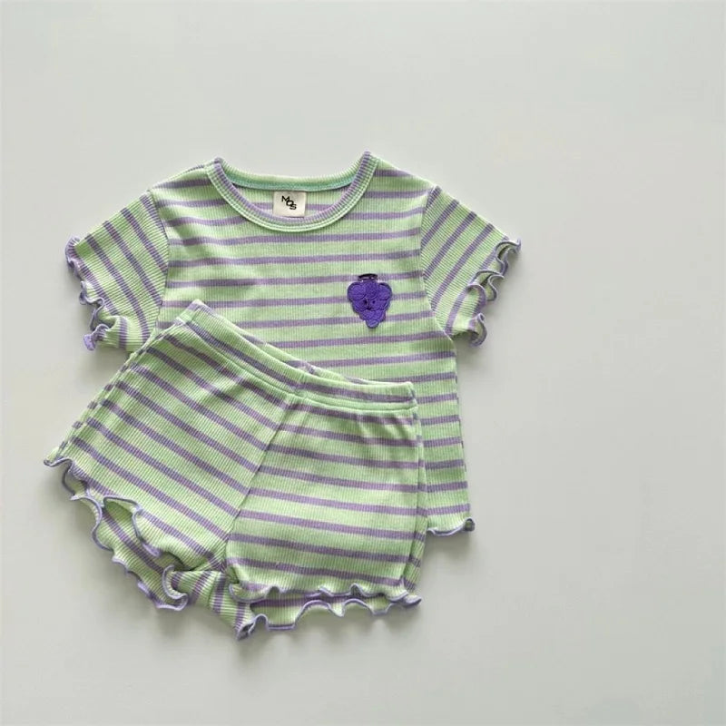 Children's clothing 0-3 year old summer new striped pure cotton boy T-shirt shorts set beach vacation girl short sleeved set
