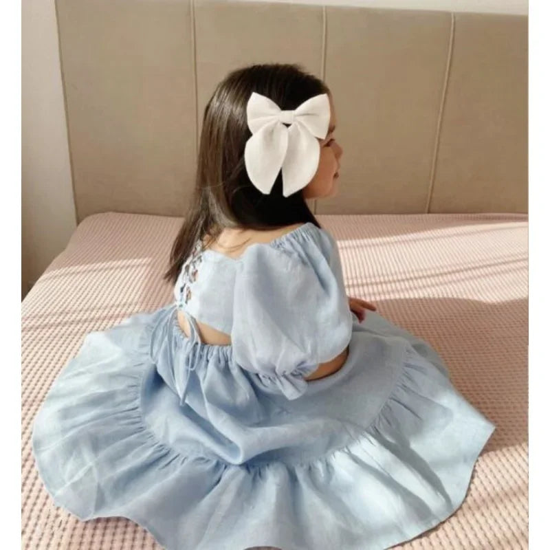 Children Clothing  Girls Dress 2023 Summer Cotton and Linen Back Adjustment Bubble Sleeve Princess Sweet Simple Dress for Girls