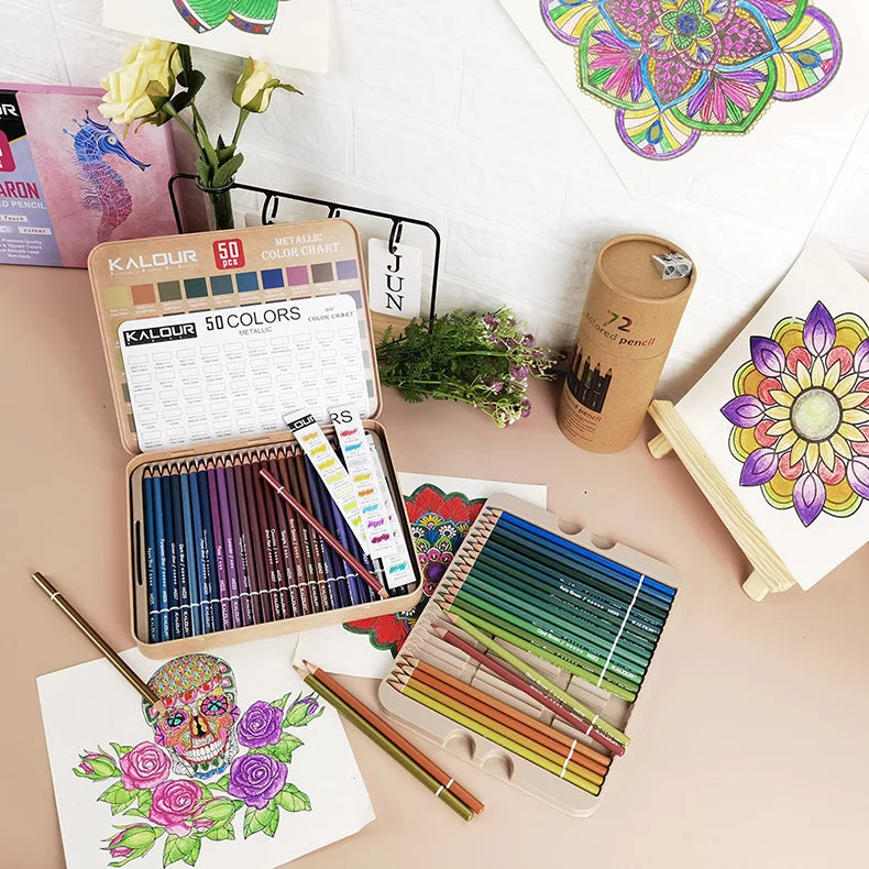 KALOUR Neon Colored Pencils Set 50pcs Fluorescent Metallic/Pastel Color Professional Drawing Art Kit for Adults Beginners Artist