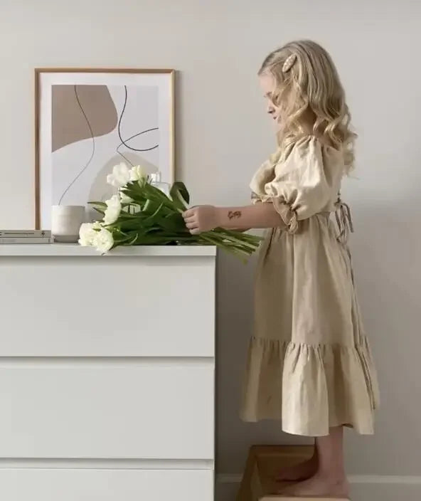 Children Clothing  Girls Dress 2023 Summer Cotton and Linen Back Adjustment Bubble Sleeve Princess Sweet Simple Dress for Girls