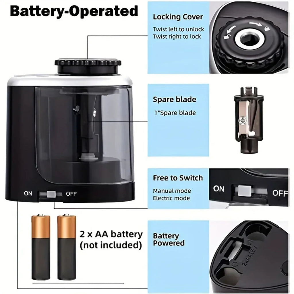 1PC Tenwin Electric Auto Pencil Sharpener Safe Student Helical Steel Blade Sharpener for Artists Kids Adults Colored Pencils