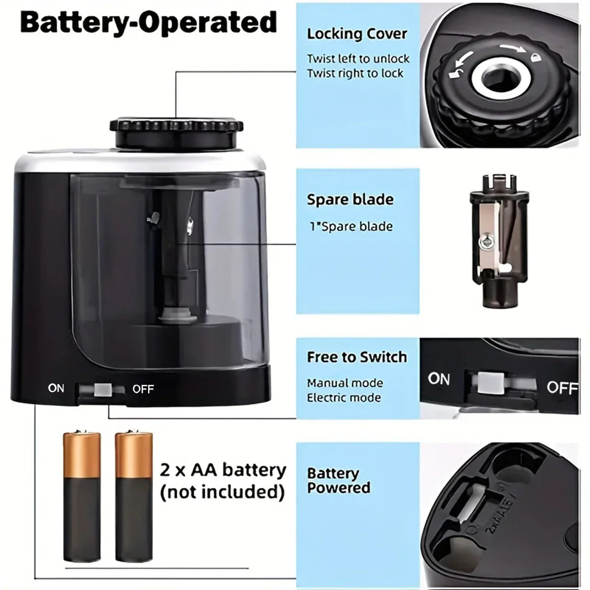 1PC Tenwin Electric Auto Pencil Sharpener Safe Student Helical Steel Blade Sharpener for Artists Kids Adults Colored Pencils