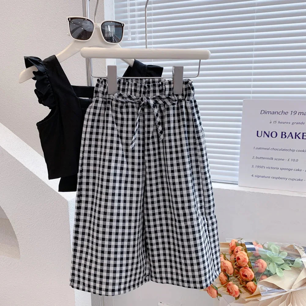 Summer Children'S Girls' Clothing Sets 2024 New Camisole Top Plus Plaid Wide-Leg Pants 2Pcs Fashion Baby Kids Clothes Suit