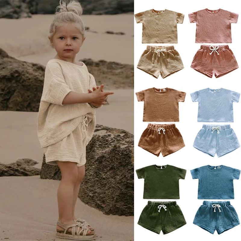Casual Children Clothing Boys Outfit Set Solid Color Cotton Linen Short Sleeve Tops Shorts 2 PCS Summer Kids Clothing 1-7 Years