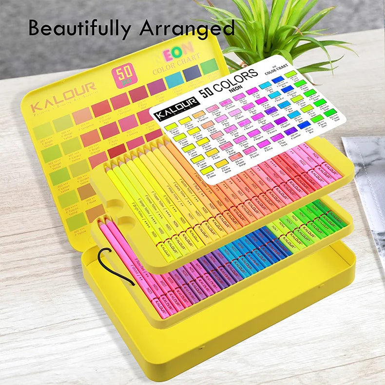 KALOUR Neon Colored Pencils Set 50pcs Fluorescent Metallic/Pastel Color Professional Drawing Art Kit for Adults Beginners Artist