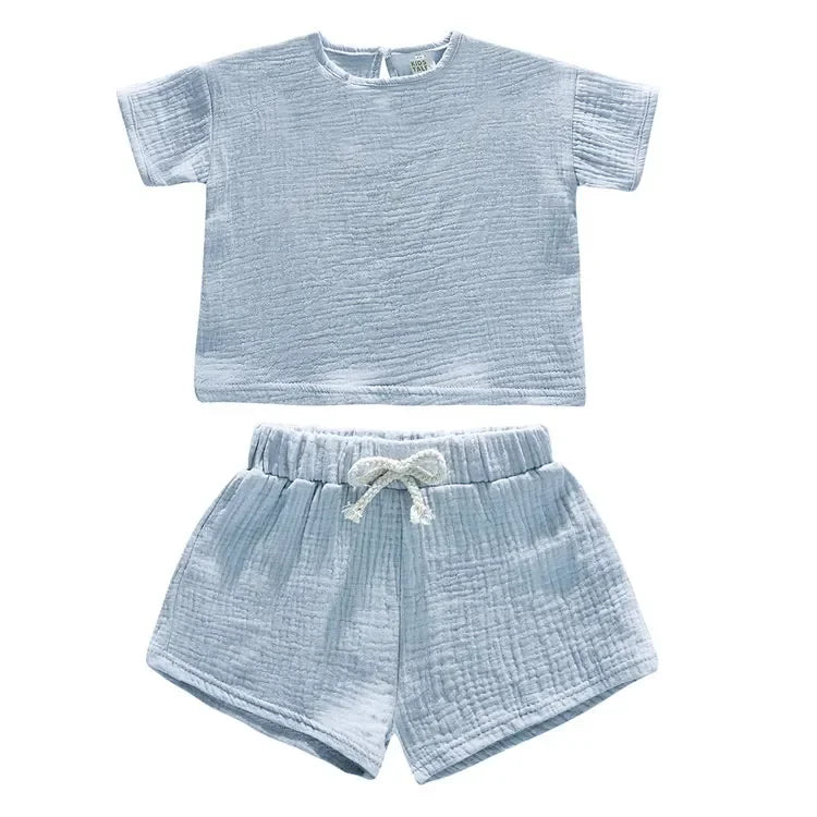 Casual Children Clothing Boys Outfit Set Solid Color Cotton Linen Short Sleeve Tops Shorts 2 PCS Summer Kids Clothing 1-7 Years