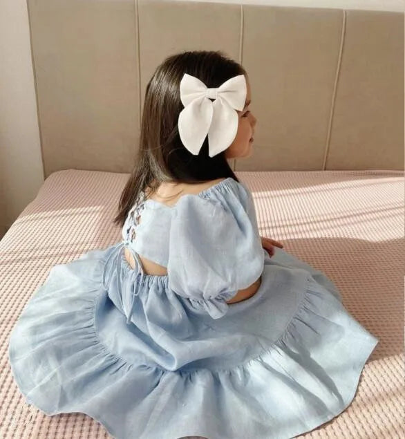 Children Clothing  Girls Dress 2023 Summer Cotton and Linen Back Adjustment Bubble Sleeve Princess Sweet Simple Dress for Girls