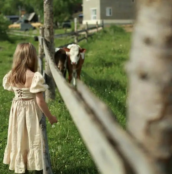 Children Clothing  Girls Dress 2023 Summer Cotton and Linen Back Adjustment Bubble Sleeve Princess Sweet Simple Dress for Girls