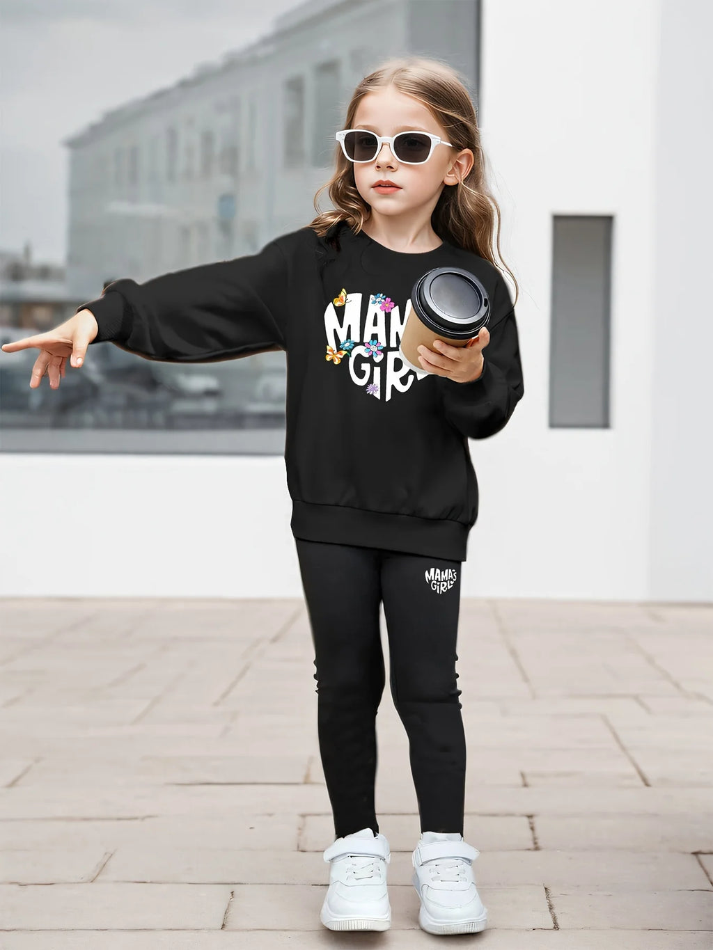 Children's Clothing Girls Suit“ Mama'Sgirl” Printed Long-Sleeved Sweatshirt + Tights 2-Piece Set for Home Comfort and Versatile Round Neck Top
