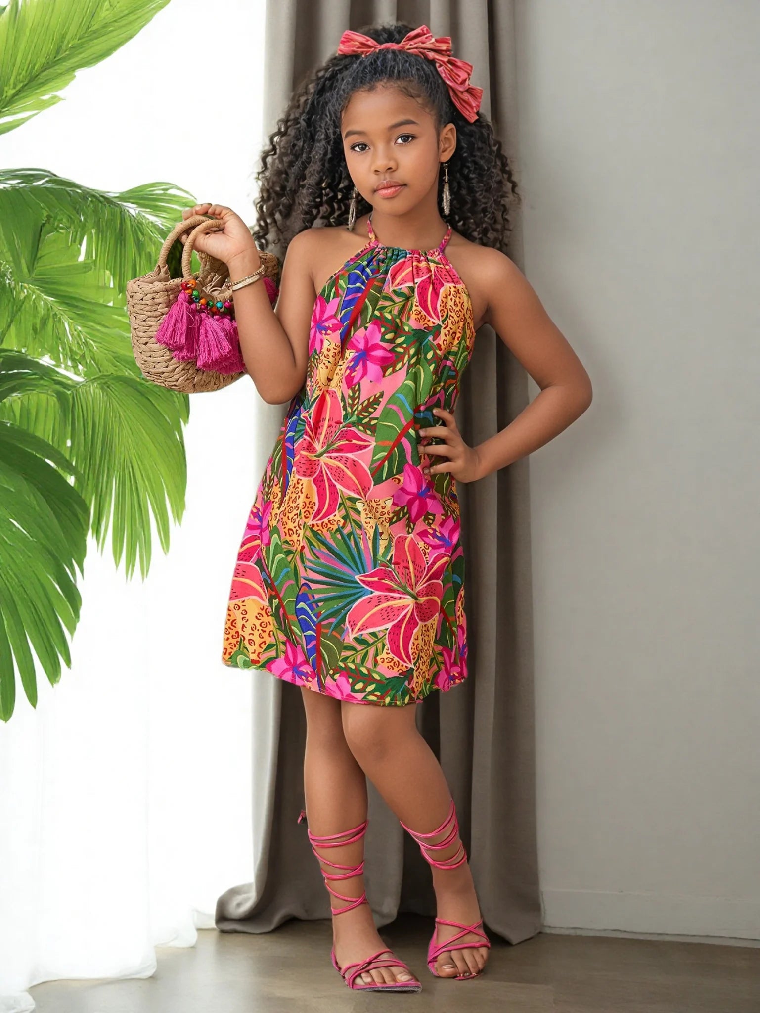 Summer Holiday Tween Girls' Vacation Casual Fashion Chiffon Ditsy Floral Halter Dress