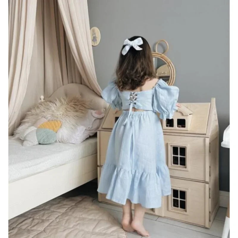Children Clothing  Girls Dress 2023 Summer Cotton and Linen Back Adjustment Bubble Sleeve Princess Sweet Simple Dress for Girls