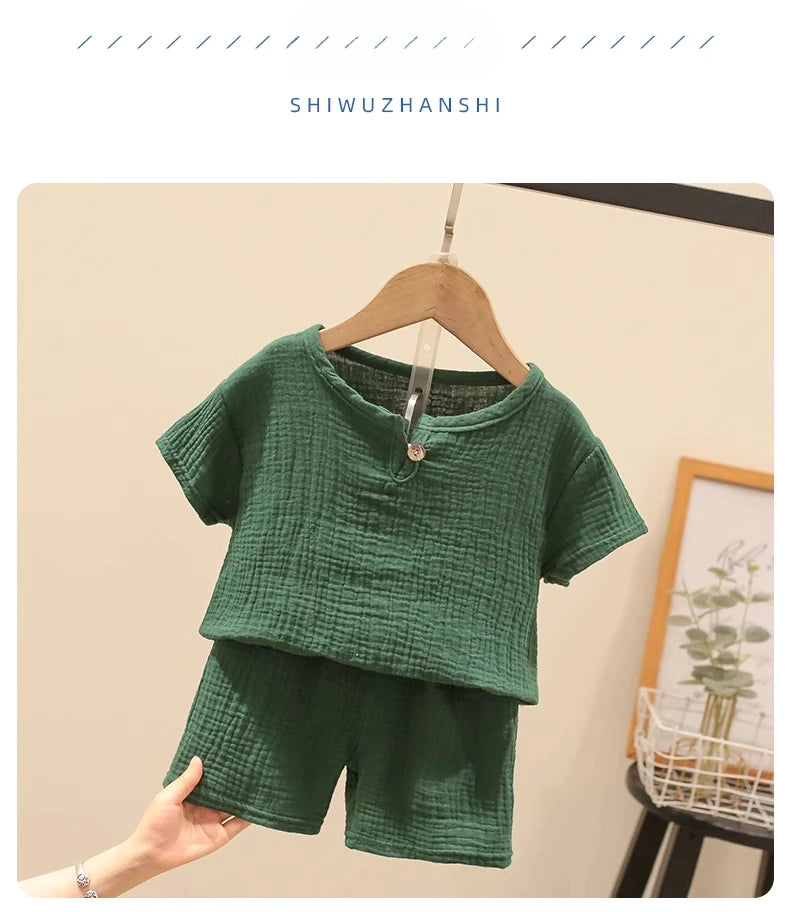 Summer Children's Clothing Set for 0-6Y Boys & Girls Cotton Linen Muslin Suit T-shirt Tops + Shorts 2pcs Baby Loungewear Outfit