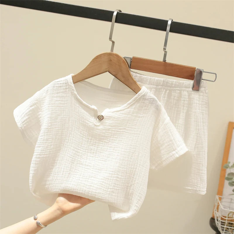 Summer Children's Clothing Set for 0-6Y Boys & Girls Cotton Linen Muslin Suit T-shirt Tops + Shorts 2pcs Baby Loungewear Outfit