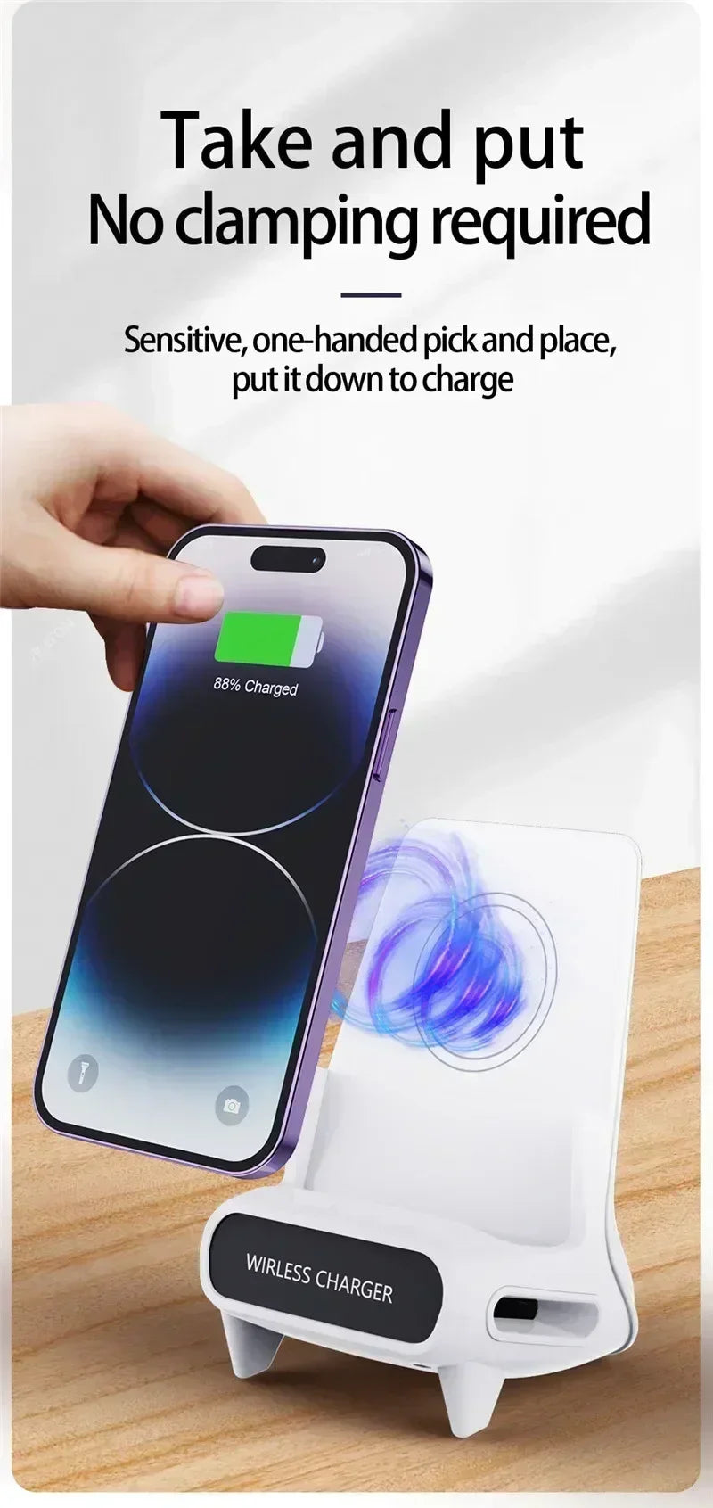 VIKEFON Lazy Desktop Phone Holder Wireless Charger Stand Fast Charging Station for iPhone 16 15 14 13 Samsung Xiaomi