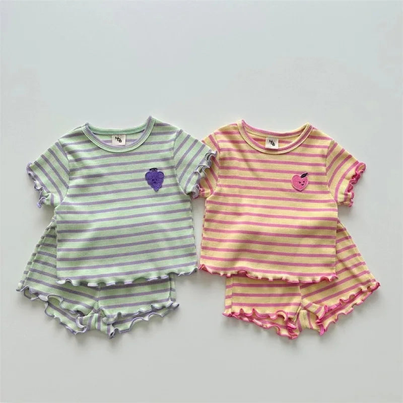 Children's clothing 0-3 year old summer new striped pure cotton boy T-shirt shorts set beach vacation girl short sleeved set