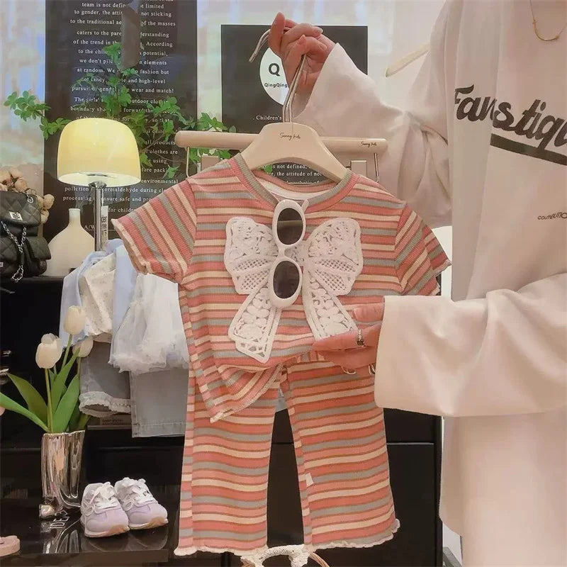Children's Clothing Sets Girls Bow Top Suit Kids Short-Sleeved T-Shirt Jeans 2 Pieces Summer New Sweet Fashion Outfit 3-10 Years