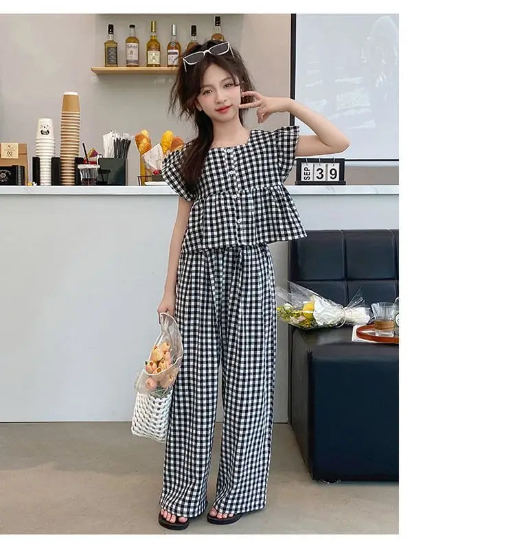 Fashion Kids Girls Clothing Sets 2025 Summer Sleeveless T-shirts + Plaid Wide Leg Pants 2PCS Children's Clothes Teen 4-14 Years