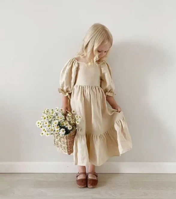 Children Clothing  Girls Dress 2023 Summer Cotton and Linen Back Adjustment Bubble Sleeve Princess Sweet Simple Dress for Girls