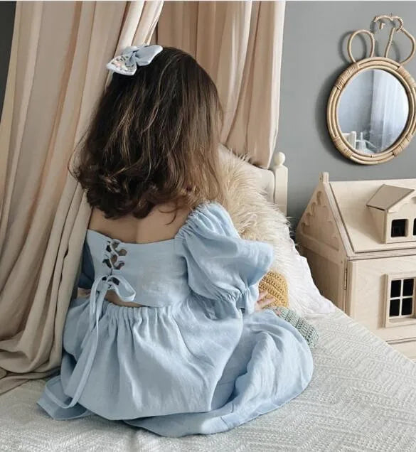 Children Clothing  Girls Dress 2023 Summer Cotton and Linen Back Adjustment Bubble Sleeve Princess Sweet Simple Dress for Girls