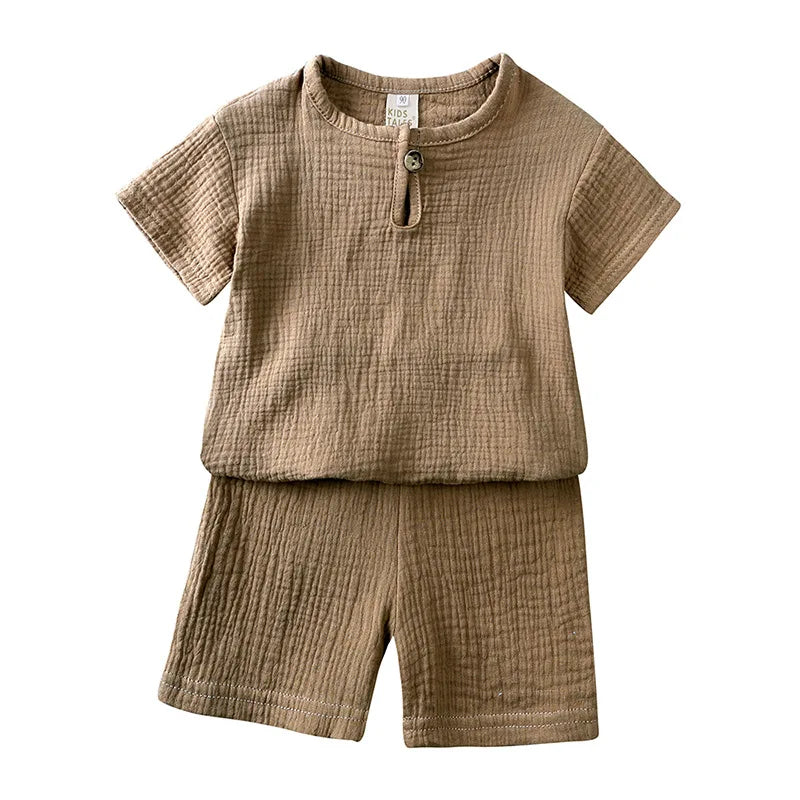 Summer Children's Clothing Set for 0-6Y Boys & Girls Cotton Linen Muslin Suit T-shirt Tops + Shorts 2pcs Baby Loungewear Outfit