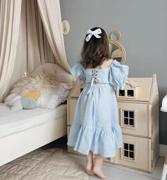 Children Clothing  Girls Dress 2023 Summer Cotton and Linen Back Adjustment Bubble Sleeve Princess Sweet Simple Dress for Girls