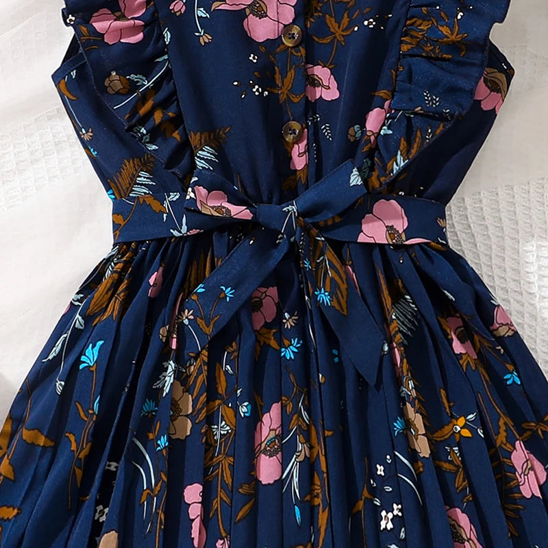 Tween Girls Summer Dress Square-Collar Sleeveless Pleated Dress Stylish Preteen Girls Dress Kids Dress