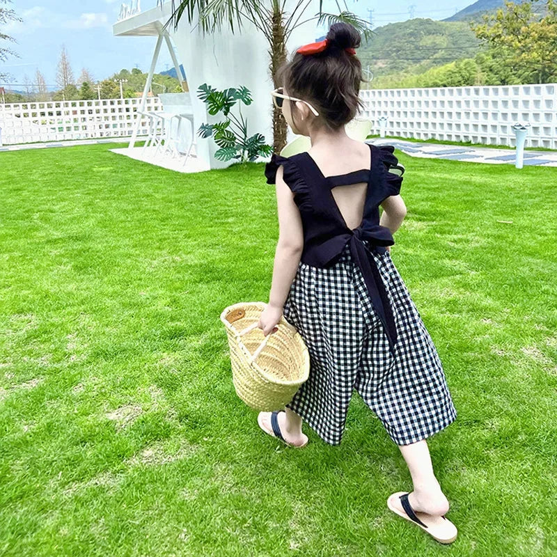 Summer Children'S Girls' Clothing Sets 2024 New Camisole Top Plus Plaid Wide-Leg Pants 2Pcs Fashion Baby Kids Clothes Suit